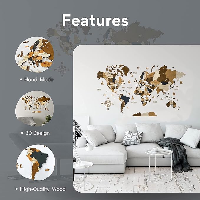Wooden World Map 3D Art Large Wall Decor - Size (M & L & XL) Any Occasion Gift Idea - Wall Art For Home & Kitchen or Office (COFFEE, 63,00" x 33,46")