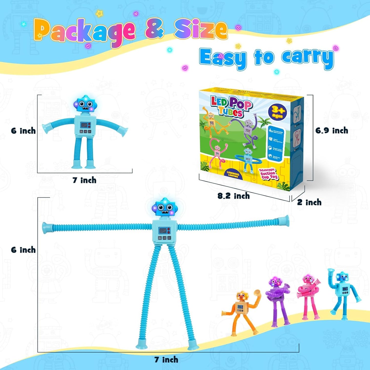 Robot Fidget Toys for Kids : 4 Pack LED Robotic Pop Tubes Telescopic Suction Cup Sensory Toy for 2 3 4 5 6 7 8 Year Old Boys Girls Christmas Birthday Gifts for Kid Ages 2-4 Toddler Travel Toy