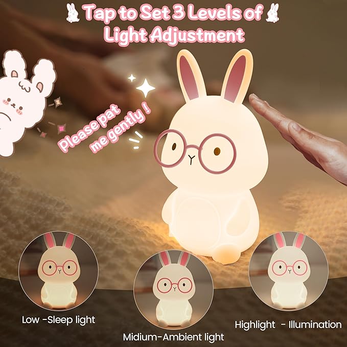Bunny Night Light for Kids, Soft Silicone Nursery Lamp, 7-Color Glow, 3-Level Dimmable Warm Light, Tap Control, 30Min Timer, Rechargeable, BPA-Free, Easter & Birthday Gift, Baby Room Decor, White