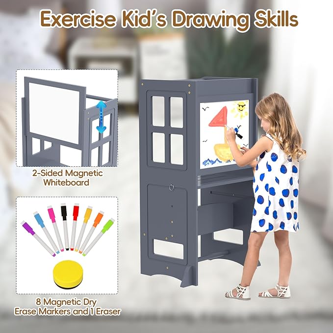 4 in 1 Toddler Kitchen Stool Helper, Adjustable Height Learning Standing Tower with Whiteboard, Toddler Step Stool 2 in 1 Convertible Table and Chair for Kids 1.5 to 6 Years Old