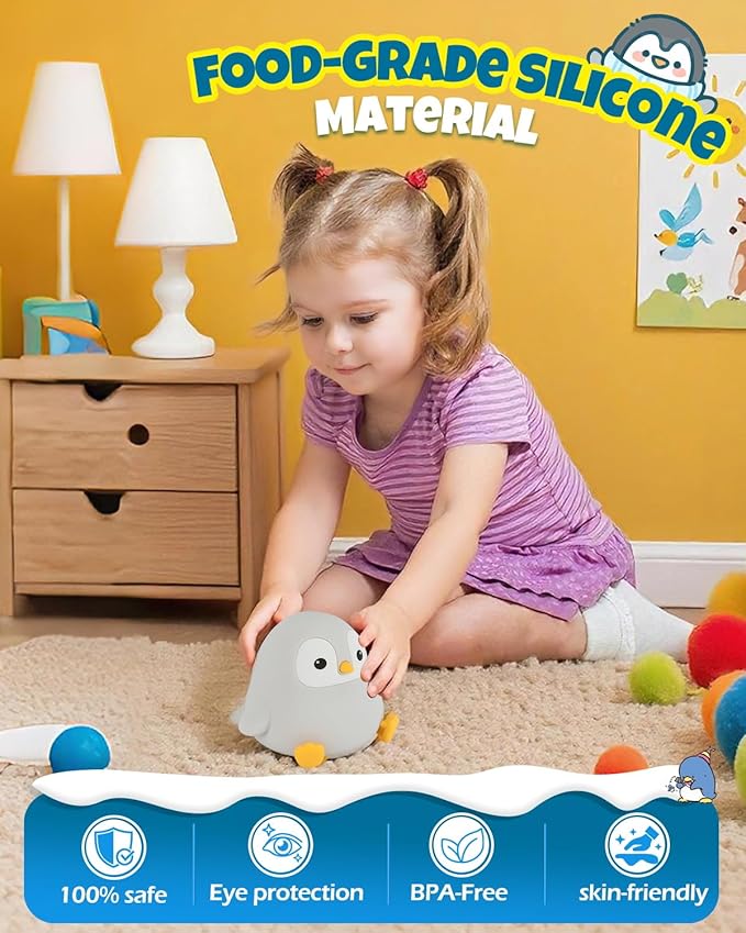 Cute Penguin Night Light, Animal Lamp, Food Grade Silicone, Rechargeable, 2 Level Dimmable, Squishy Nursery Nightlight for Desk Decor, Funny Gifts Stuff for Boys Girls Baby, White Elephant Gifts