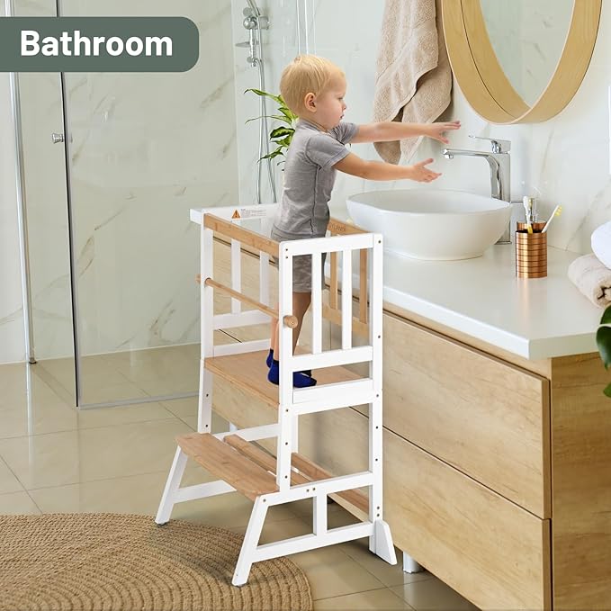 COSYLAND Toddler Standing Tower - Adjustable Height Toddler Kitchen Stool Helper - Kids Kitchen Step Stool for Learning with Removable Safety Railing White & Natural