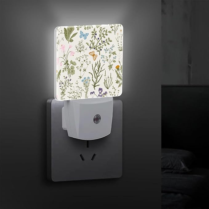 Herbs and Wild Flowers Botanical Plug in Night Light with Auto Dusk to Dawn Sensor,Warm Night Lights for Boys Girls Bedroom Bathroom Hallway Kids Room Gifts