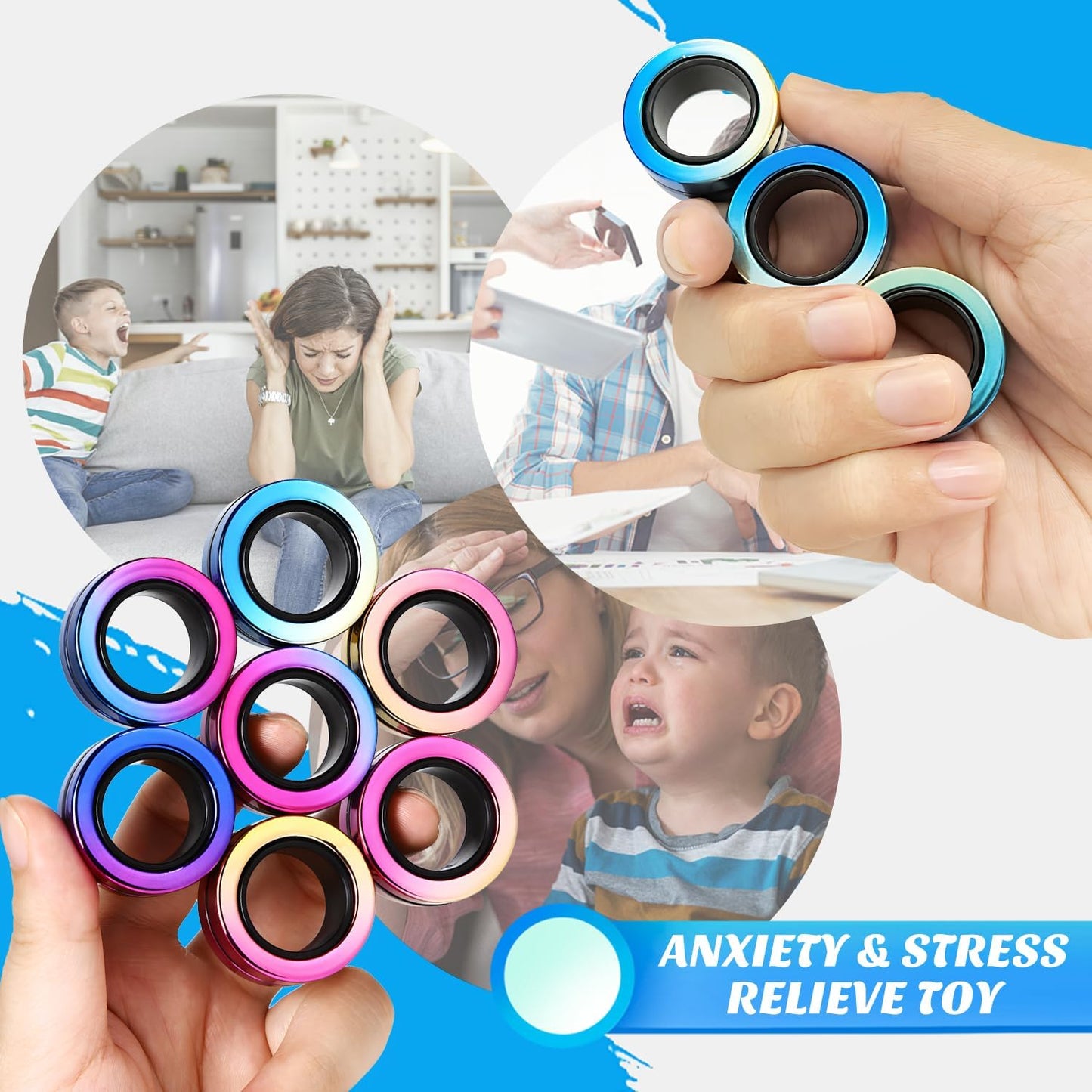 9 Pack Magnetic Rings Fidget Toy Set｜Magnetic Fidget Rings for ADHD Stress Relief｜ Colorful Fidget Toy Rings for Training Relieves Autism Anxiety｜Great Gifts for Kids&Teens
