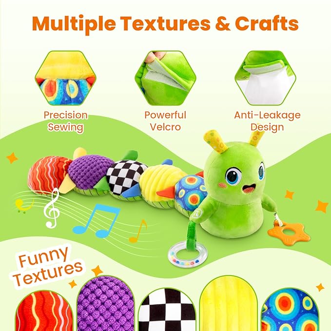 Baby Toys 0-6 Months, Washable Baby Musical Caterpillar Toys with 10 Children's Songs,Rattles,Teething Toys,Suitable for 0-6, 6-12 Months Infant Tummy Time Toy,Newborn Baby Boy&Gril Toy(Green)