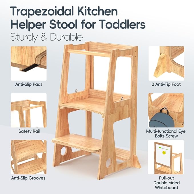 4 in 1 Kids Toddler Kitchen Stool Helper with Double-Sided Whiteboard, Wooden Toddler Learning Standing Tower, Non-Skid Feet Children Step Stool for Kitchen Counter, Bathroom Sink, Adult Use