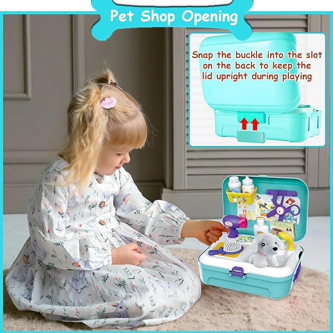 TEUVO Pet Care Play Set Doctor Kit for Kids, 16 Pcs Doctor Pretend Play Vet Dog Grooming Toys Puppy Dog Carrier Feeding Dog Backpack Gifts for Girls Boys 3-7 Years Old
