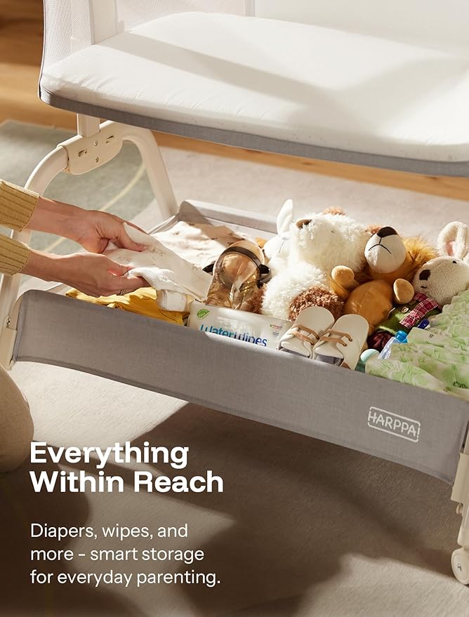 HARPPA Cuddly Bassinet, 2 in 1 Baby Bassinet with Breathable Mesh and Mattress, 6 Height Adjustable, Bedside Sleeper with Anchor Strap, Storage Basket and Wheels