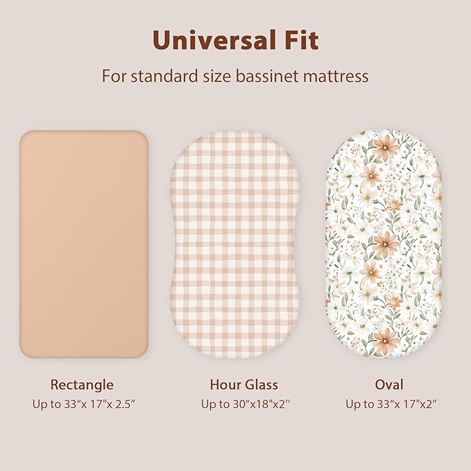 Baby Bassinet Sheets Girl Boy, Fitted Bassinet Sheet Set 3 Pack Bassinet Mattress Sheets Universal Fit for Rectangle, Round, Oval, Hourglass Mattress, Soft Breathable Orange Flowers & Plaid