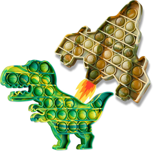 NiHealth Fidget Pack 2PCS Push Pop Bubble Fidget Sensory Fidget Toys for Stress Relief Bubble Popper Fidget Toy, Silicone Squeeze Toy for Kids Adults (Camo Colors T-Rex Dinosaur + Fighter Jet)