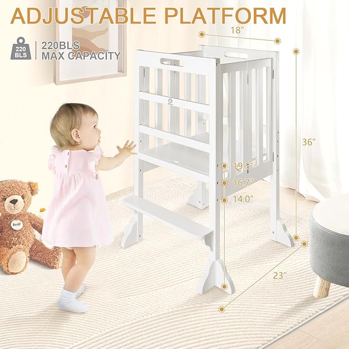 WOOD CITY Kitchen Step Stool Helper - Montessori Foldable Standing Tower for Toddlers with Safety Rail, Height Adjustable Ideal Helper for Learning New Skills, Natural Pure Pine Wood (White)