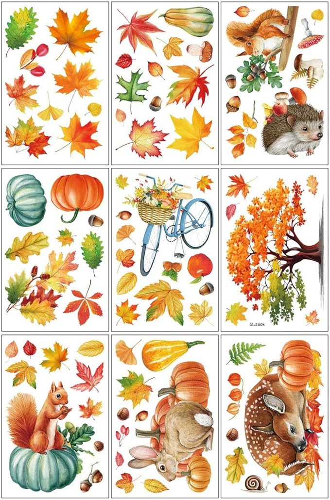 9 Sheets Fall Window Clings Cartoon Rabbit Hedgehog Squirrel Animals Pumpkin Leaves Design Autumn Windows Clings for Glass Thanksgiving Windows Stickers Decor for Home Office Bedroom