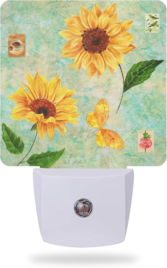 Vintage Sunflowers Night Light Plug into Wall,Butterfly Night Light with Dusk to Dawn Sensor Night Light for Kid Girls Boys Women Men Room Decor,Hallway,Kitchen,Bathroom,Nursery,Stairs
