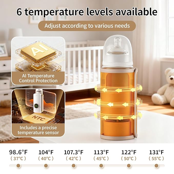 Portable Baby Milk Bottle Warmer for Breastmilk and Formula Feeding,Travel Baby Bottle-Feeding Breast Milk Waterless Warmer,Rechargeable 6000 mAh Battery,Digital Display,Bottle Warmer On the Go