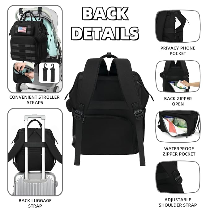 Diaper Bag Backpack for Dad and Men, Large Travel Baby Bag with Changing Pad, Pacifier Case, Removable Flag Patch - Baby Shower Gifts - Shadow Black