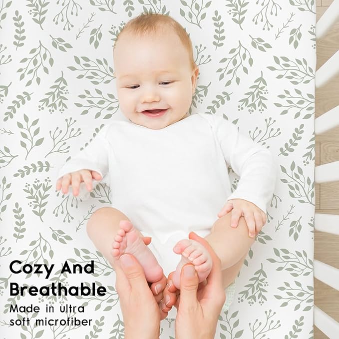 Yoofoss Baby Crib Sheets for Boys Girls, Fitted Crib Sheet 2 Pack for Standard Crib and Toddler Mattress, Super Soft Microfiber Baby Sheet 28x52x8in(Green+Leaf)