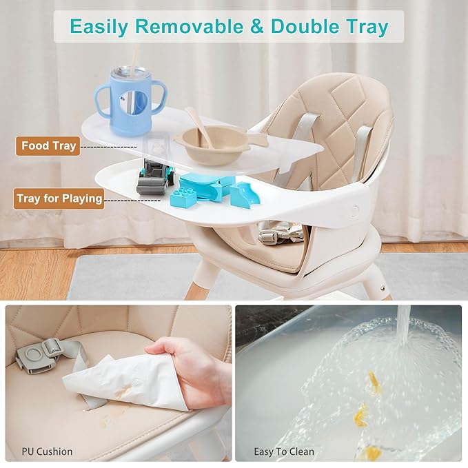 High Chair, 6 in 1 Wooden Convertible High Chairs for Babies and Toddlers, Booster Seat with Double Tray & Reversible Footrest Baby Highchair, 5-Point Harness Baby Feeding Chair, Beige