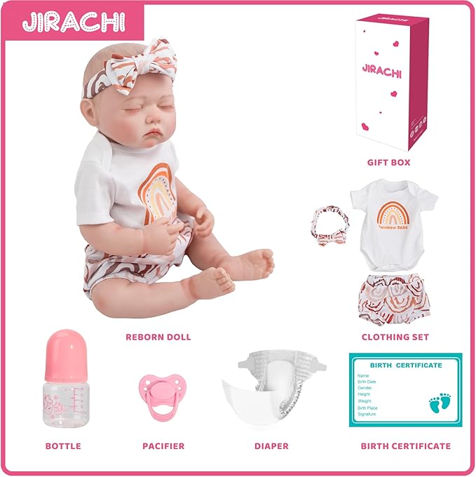 Jirachi Lifelike Reborn Baby Dolls, 18-Inch Adorable Real Life Full Body Vinyl Sleeping Baby Girl, Cute Realiatic Reborn Baby with Feeding Kits