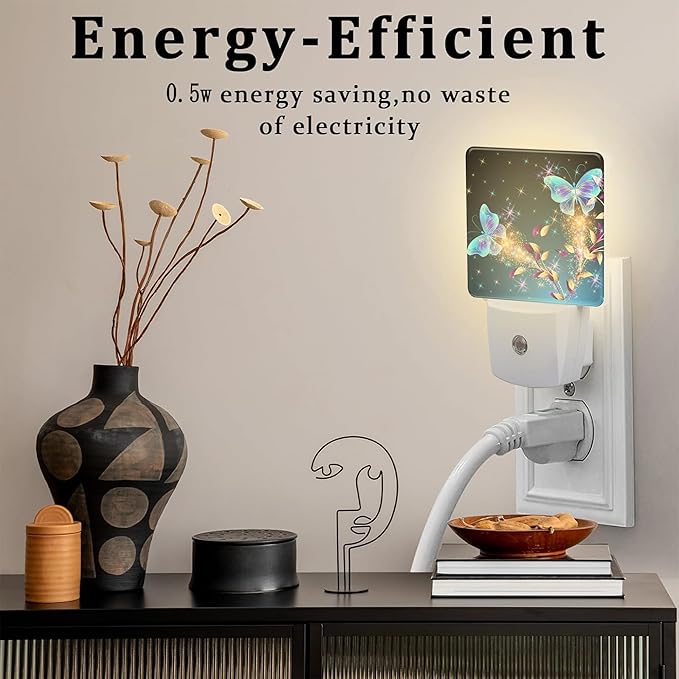 Magical Butterflies with Flowers Night Light Plug into Wall, Glitter Sparkle Butterfly Dusk to Dawn Night Light Plug in,0.5w Energy Saving Sleep Friendly NightLight for Kids Boys Girls Home Decor