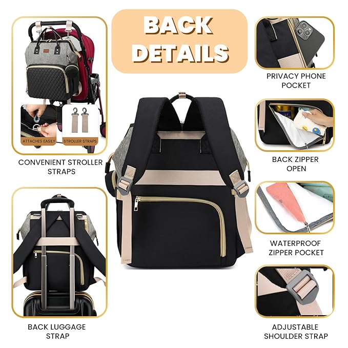 Diaper Bag Backpack with Changing Pad, Pacifier Case, Baby Bag for Boy Girl Toddler - Large, Stylish, Waterproof Travel Quilted Diaper Bag for Mom - Baby Shower - Black Grey