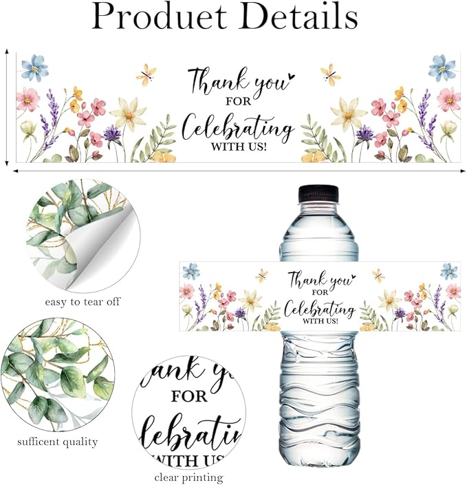 100PCS Wedding Water Bottle Labels Waterproof Greenery Floral Wraps Sticker for Water Bottle Baby Shower Bottle Label for Bridal Shower Party Thanks（Wildflowers）
