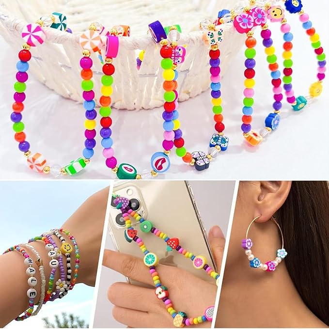 Bracelet Making kit, 1000pcs Polymer Clay Beads Bracelet Making kit, 24 Styles Fruit, Flower, Cake, Butterfly, Necklace, Earrings, DIY Bracelet Making kit Accessories for Women