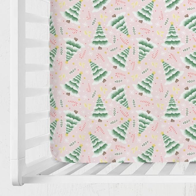 Pink Winter Forest Baby Crib Sheets 52''x28'' Christmas Trees Candy Snowflakes Snug Fitted Crib Mattress Cover for Boy Girl Green Pine Forest Soft Baby Bed Sheet for Standard Crib Toddler Mattress