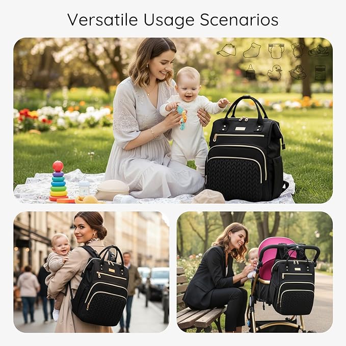 AIJIEKE Diaper Bag, Large Wide-Open Baby Diaper Backpack, Multi-functional Baby Travel Tote Bag, Diaper Bag with Changing Pad, Diaper Bags for Mom & Maternity (Black)