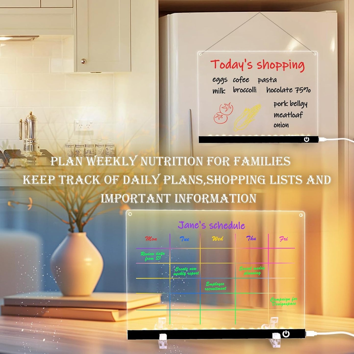 Acrylic Dry Erase Board with LED Light -11.8"x8.5" Clear Glowing Memo,Brightness Level Adjustment,12 Color Markers, Ideal for Office/Home/Kids, Writable Night Light & Desktop Charm (Black)