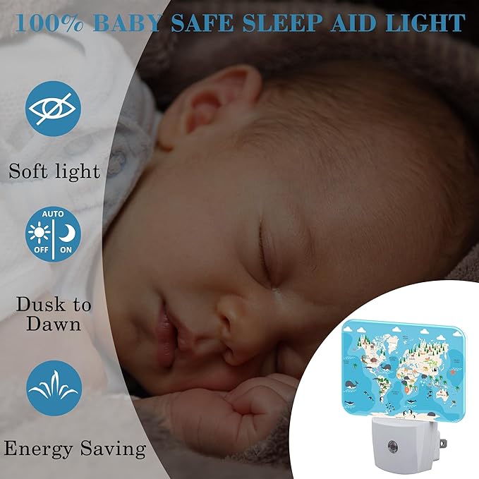 Cute Animal World Map Night Light for Kids Girls Boys, Cartoon World Map LED Night Light Plug into Wall with Dusk to Dawn Sensor for Room, Hallway, Kitchen, Bathroom, Stairs Decor
