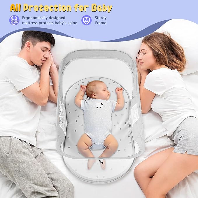 Portable Baby Bassinet Travel Baby Bed included Carry Backpack , Baby Cribs Travel Pod for Outdoors Baby Lounger Infant Travel Bed with Mosquito Net and Sunshade Canopy, Lightweight Washable Foldable