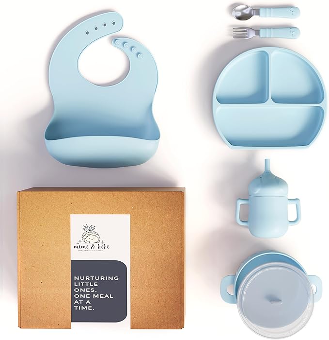mimi & kiki BPA-Free Silicone Baby Feeding Set, Baby Plates and Bowls Set, Baby Led Weaning Supplies, Silicone Suction Plate, Baby Utensils, Bib and Cup, Self Feeding, Dishwasher Safe (Light Blue)
