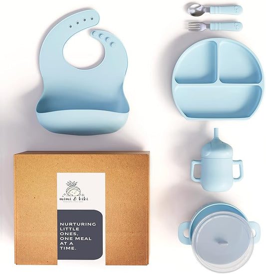 mimi & kiki BPA-Free Silicone Baby Feeding Set, Baby Plates and Bowls Set, Baby Led Weaning Supplies, Silicone Suction Plate, Baby Utensils, Bib and Cup, Self Feeding, Dishwasher Safe (Light Blue)