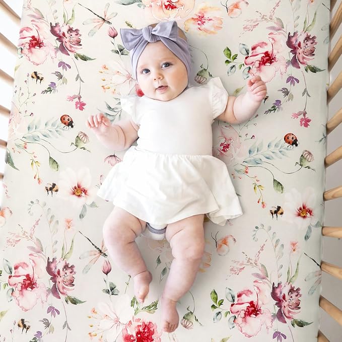 Fitted Crib Sheets Set 2 Pack, Ultra Soft Stretch Jersey Knit Crib Sheet Fit All Standard Crib Mattress Pads Safe and Snug, Crib Fitted Sheet for Baby, Beautiful Flowers and Insects Pattern