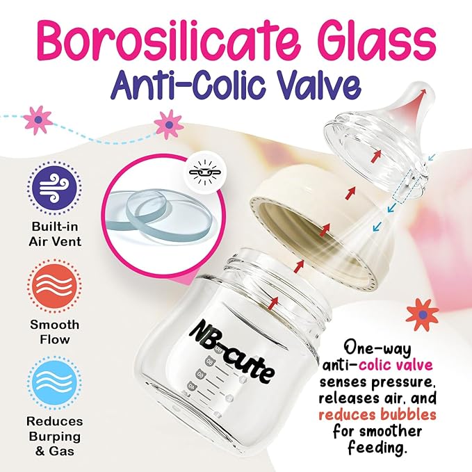 Glass Baby Bottles Anti Colic Set 2 Pack 3oz and 6oz BPA Free Heat Resistant Borosilicate Glass with 3 Silicone Nipples Wide Neck Gift Box Baby Shower Easy to Sterilize for Newborn Infant 0-9 Months