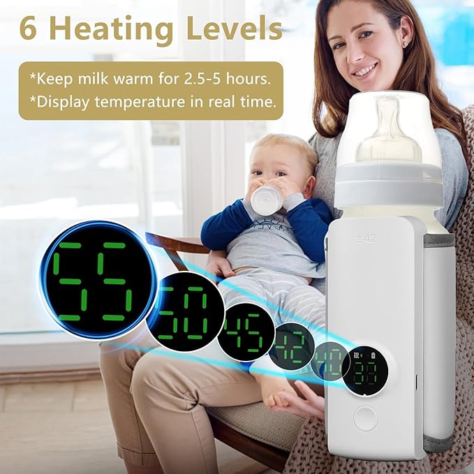 Portable Bottle Warmer for Travel, Baby Bottle Warmer On The Go, Fast Heating, Temperature Digital Display, USB Car Travel Bottle Warmer for Breastmilk and Formula