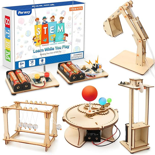 Poraxy 5 Set STEM Science Kits for Kids Age 8-12, Wooden Building STEM Projects 8-10, 3D Puzzles, Experiment Circuits Model, Toys for Ages 8-13, Gifts for Boys and Girls 6 7 8 9 10 11 12 13 Years Old
