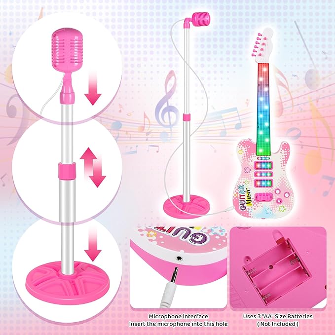 Electric Guitar and Microphone Set for Kids, Toddlers Musical Instruments Starter Kit with Guitar Microphone Lifting Stand, Pink Karaoke Machine with Mic for Boys Girls Infant Christmas Gifts