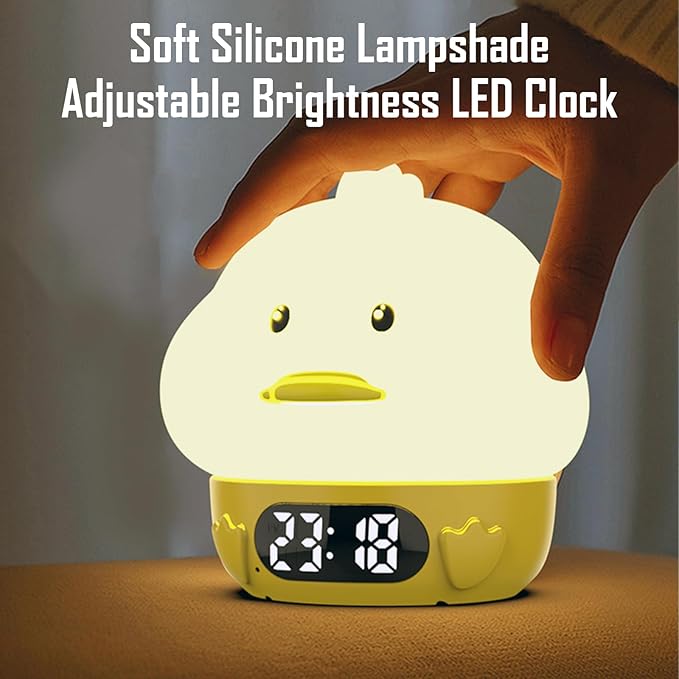Cute Duck RGB Rechargeable Night Light, Soft Silicone Lampshade, Adjustable Brightness LED Clock, Date, Alarm, Thermometer, Timer, Tap Control, Bedroom Lamp, Gift for Girl and Kid (Yellow Duck)