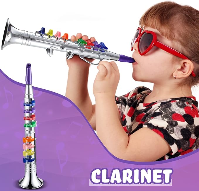 Amylove Set of 2 Musical Instruments for Kids Including Toy Saxophone and Kids Clarinet Plastic Toy Instruments Saxophone Clarinet with 8 Colored Keys Educational Home School Music Gift(Silver)