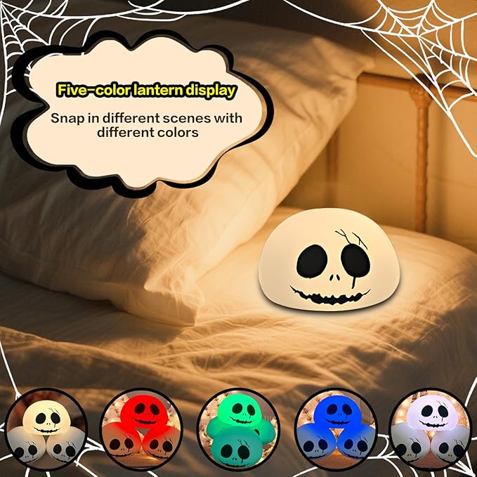 Cute Creative Christmas Skeleton Face Silicon Tap Light - Battery Powered, Multi-Color Changing, Safe and Soft for Indoor Holiday Decoration (White Skellington)
