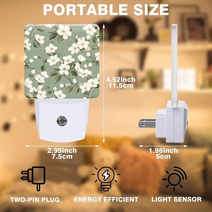 Night Light White and Green Flowers Night Lights Plug into Wall Smart Dusk to Dawn Sensor 0.5W Energy Efficient Led Lamp for Men Women Bedroom Bathroom Hallway Stairway Decor