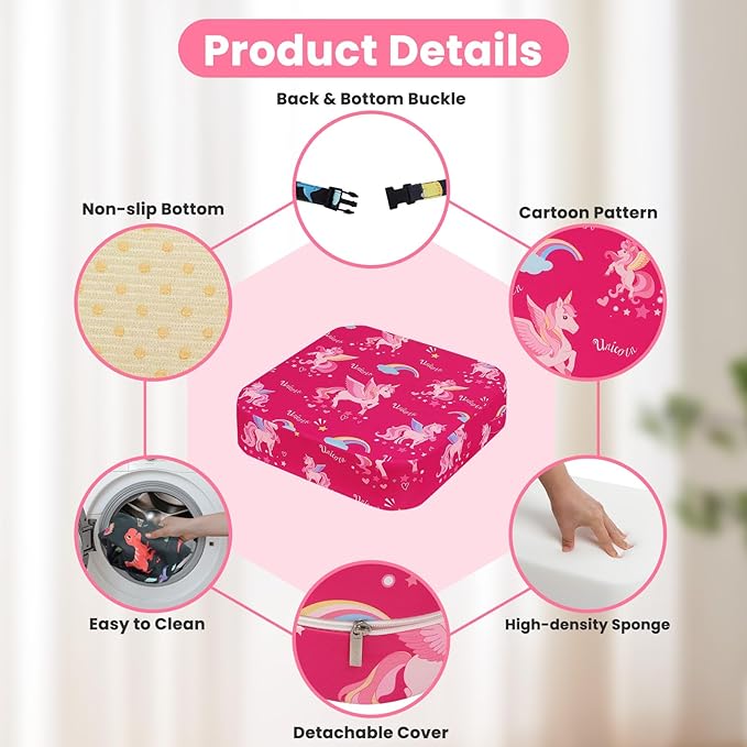 Toddler Booster Seat for Dining Table, Kids Booster Seat for Kitchen Chair with Non-Slip Bottom, Portable Detachable Washable Increasing Cushion with 2 Adjustable Straps (Unicorn)