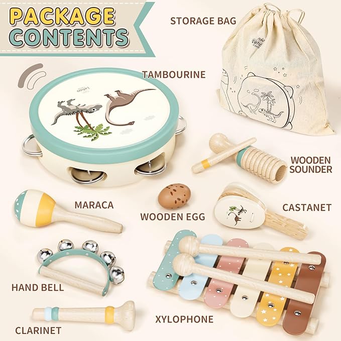 Baby Musical Instruments for Toddlers 1-3, Montessori Wooden Toys for 1 Year Old, Xylophone Maracas Percussion Set with Storage Bag, Learning Toys for Boys Girls Age 2-4, Christmas Birthday Gift