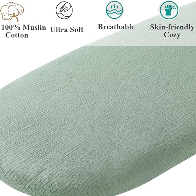 Muslin Bassinet Sheet Compatible with AMKE 3 in 1 Bassinet(35 X 20), Milliard, TCBunny Bassinet, 2 Pack Cotton Stylish Boho Fitted Bassinet Sheets for Baby Roman Green & Botanical Leaf