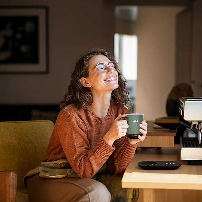 Temperature Control Smart Mug, Self Heating Coffee Mug LED Display, 180 Min Battery Life - Hot up to 149℉ Fast Wireless Charger Base Improved Design coffee serving sets (12oz, Blue Grey)