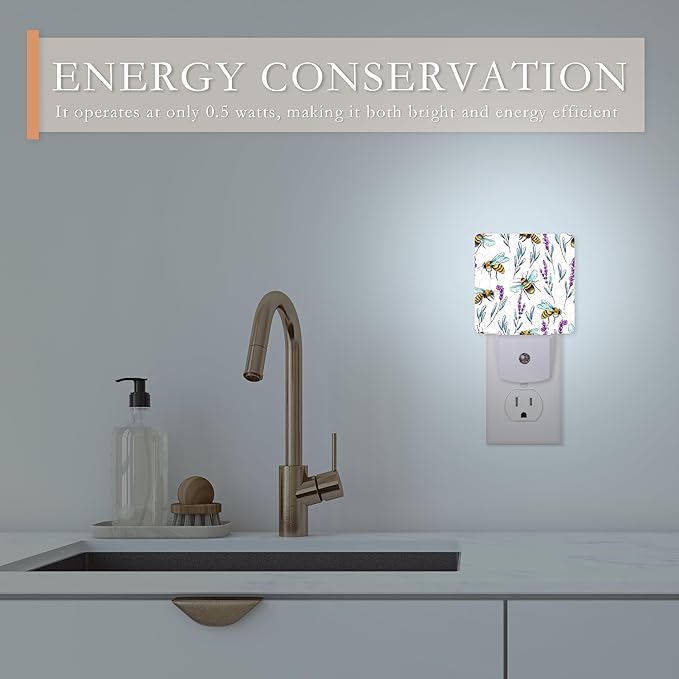 Night Light With Bees and Lavender Flowers - Dusk to Dawn Sensor for Kids, Girls, Boys, Women, Men - Room Decor for Hallway, Kitchen, Bathroom, Nursery, Stairs