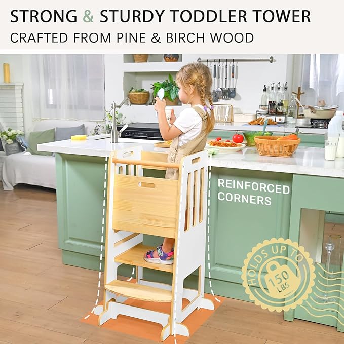 WINGYZ Toddler Kitchen Stool – Adjustable Helper Tower for Kids with Safety Rail, Wooden Standing Step-Up Stool, Sliding Door & Stable Base, White