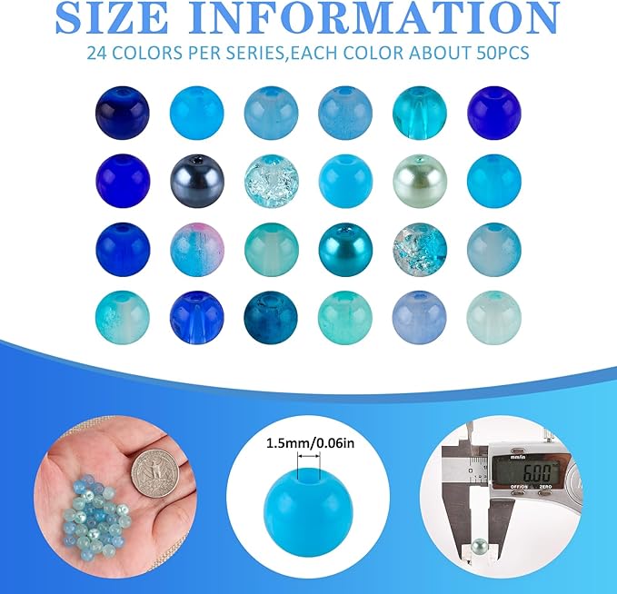 XSEINO About 1200PCS 6mm Glass Beads Bracelet Making Kit,24 Assorted Dreamy Blue Ocean Series Colorful Crystal Beads for Bracelet and Jewelry Making and DIY Crafts,Friendship Bracelets