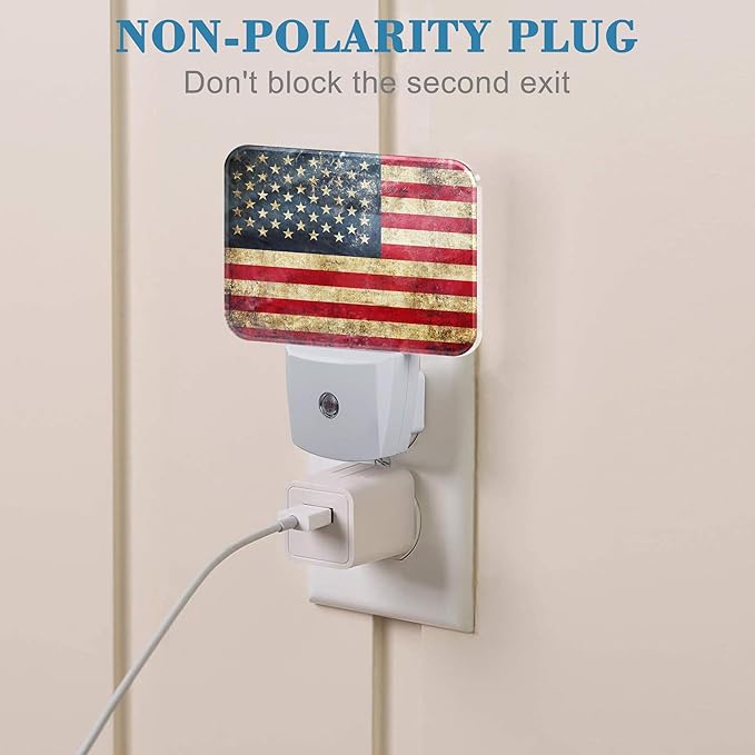 Vintage American Flag Night Light for Kids Girls Boys, Retro USA Flag LED Night Light Plug into Wall with Dusk to Dawn Sensor for Room, Hallway, Kitchen, Bathroom, Stairs Decor